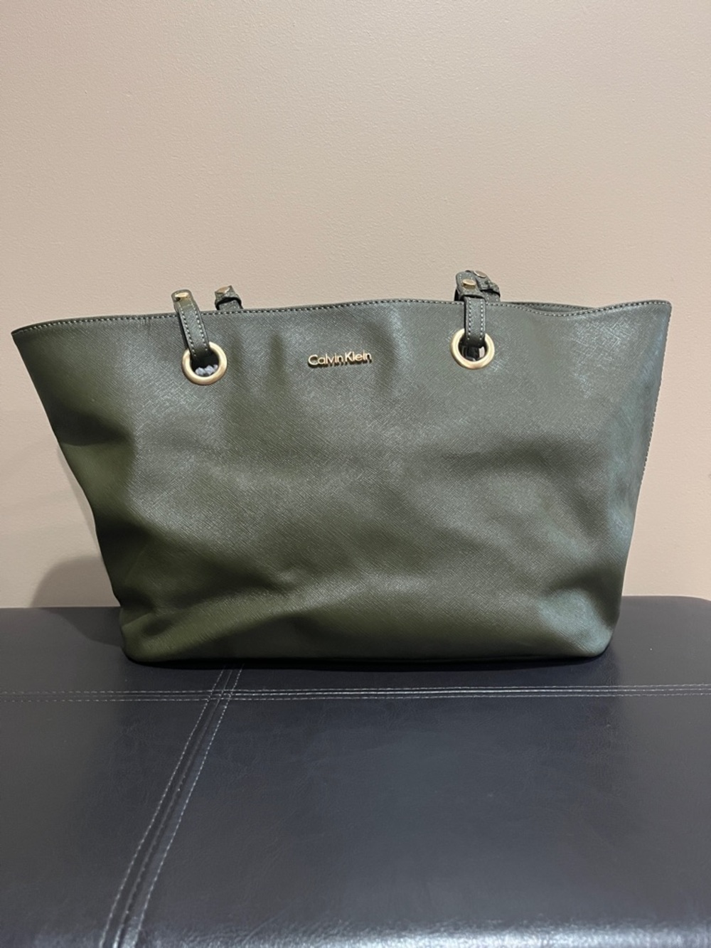 Calvin Klein Dark Olive Tote with Gold Accents